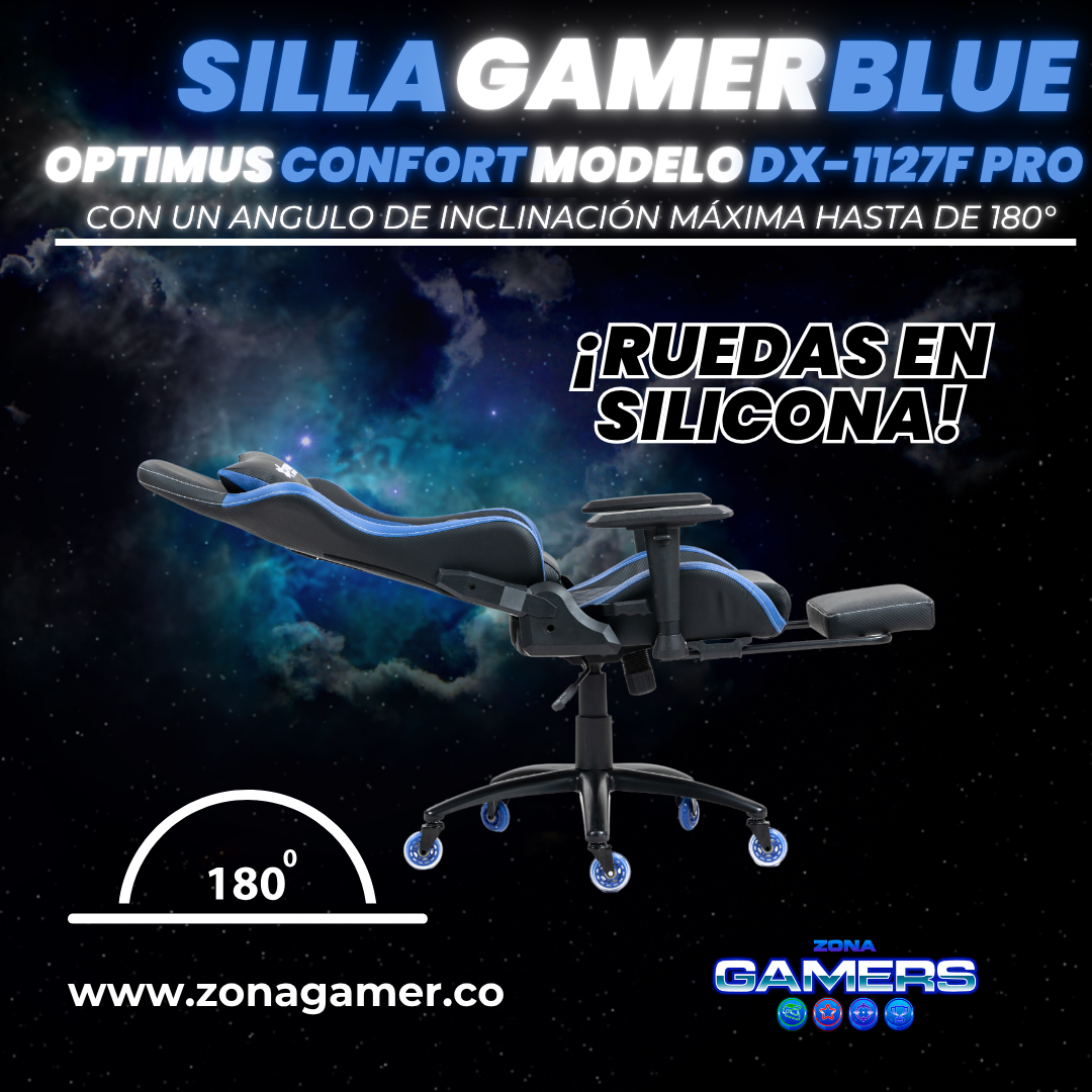 Silla Gamer DX-1127F PRO Blue con reposapiés y ruedas en silicona