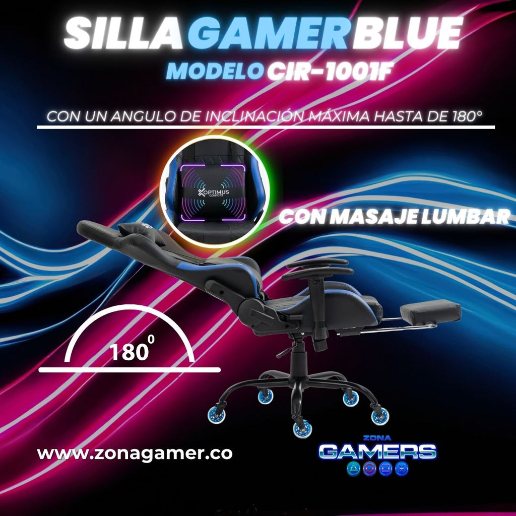 Silla Gamer CIR-1001F Blue + masajeador lumbar con reposapiés y ruedas en silicona