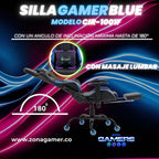 Silla Gamer CIR-1001F Blue + masajeador lumbar con reposapiés y ruedas en silicona