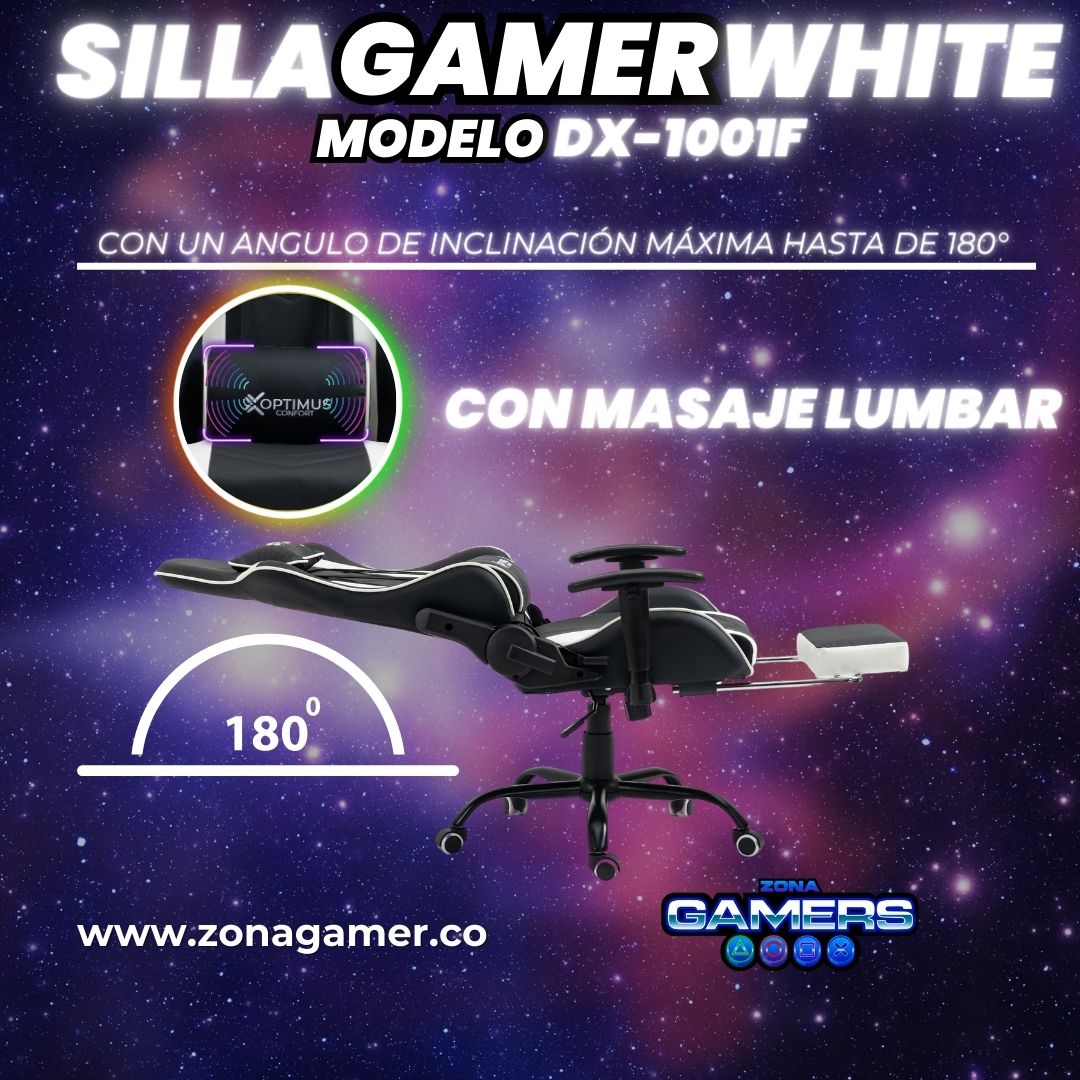 Silla Gamer DX-1001F White con masajeador lumbar y reposapiés incluido