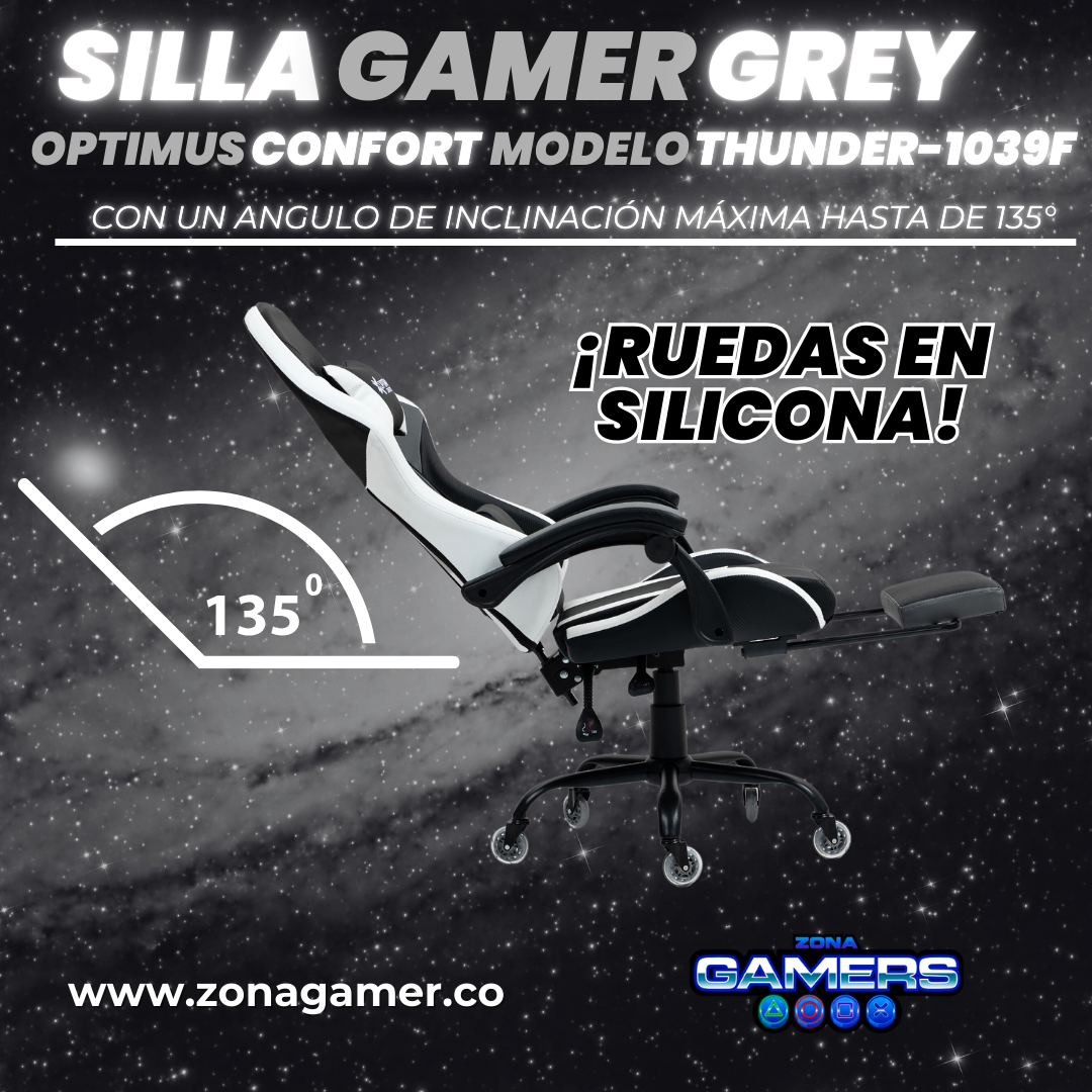 Silla Gamer Thunder-1039F Grey con reposapiés y ruedas en silicona