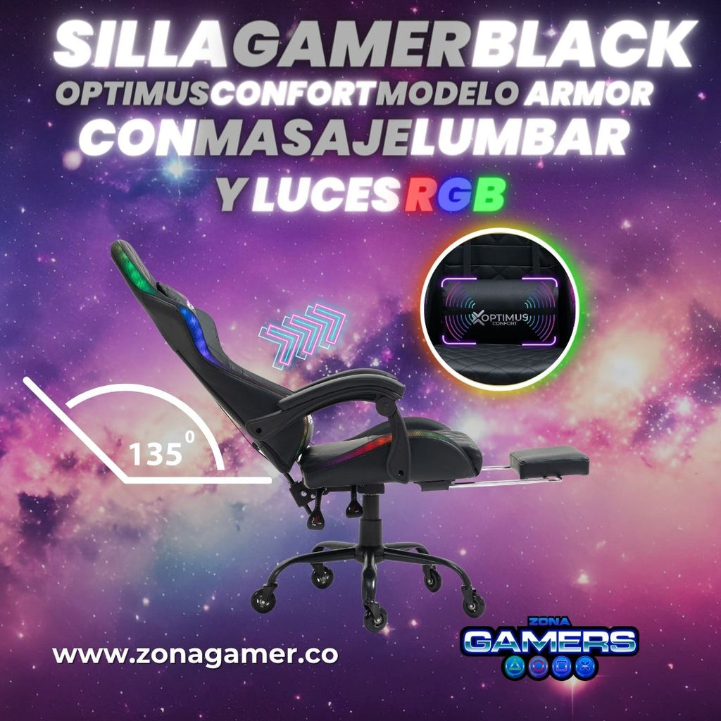 Silla Gamer Armor RGB Black + masajeador lumbar con reposapiés incluido y ruedas en silicona