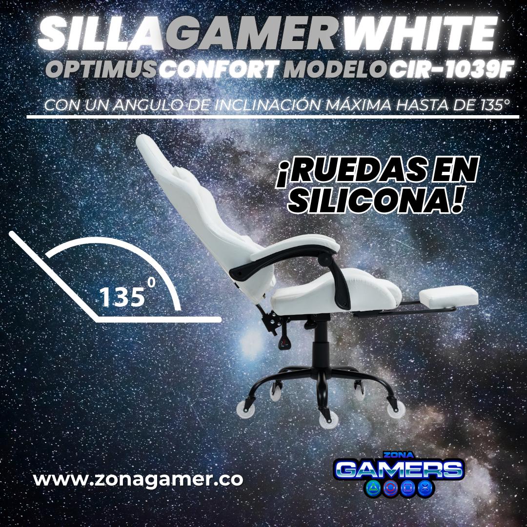 Silla Gamer CIR-1039F White con reposapiés y ruedas en silicona
