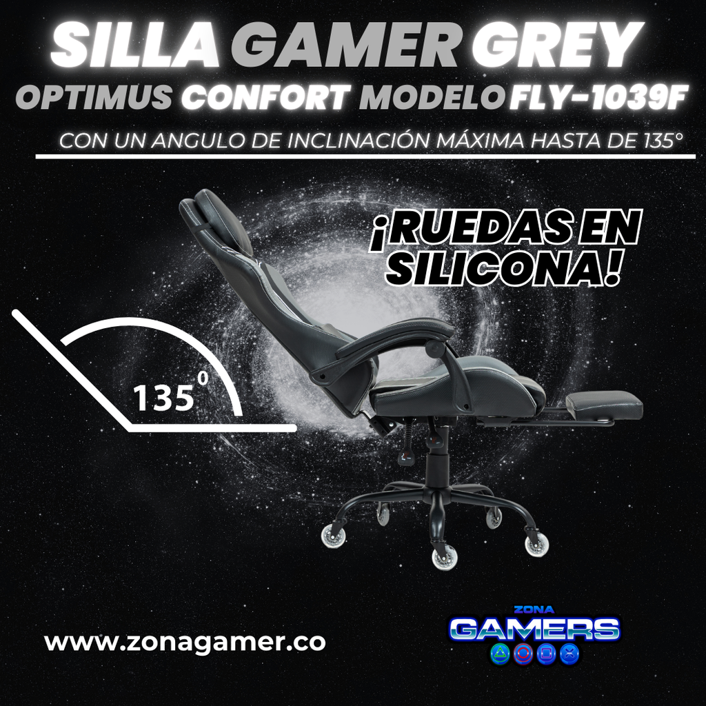 Silla Gamer Fly-1039F Grey con reposapiés y ruedas en silicona