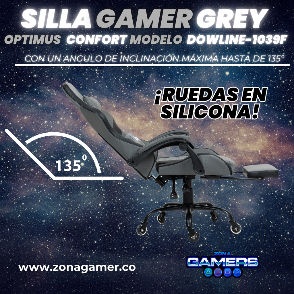 Silla Gamer DOWLINE-1039F Grey con reposapiés y ruedas en silicona