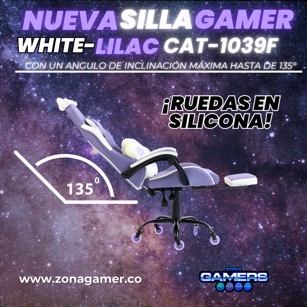 Silla Gamer Cat-1039F White-Lilac con reposapiés y ruedas en silicona.