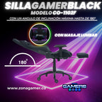 Silla Gamer Black + masajeador lumbar, tapizada en tela con reposapiés y ruedas en silicona