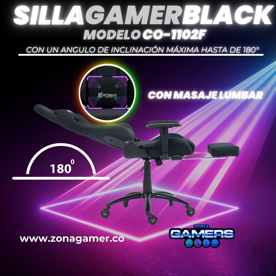 Silla Gamer Black + masajeador lumbar, tapizada en tela con reposapiés y ruedas en silicona