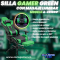 Silla Gamer A231001F Green  con masajeador lumbar y reposapies incluido