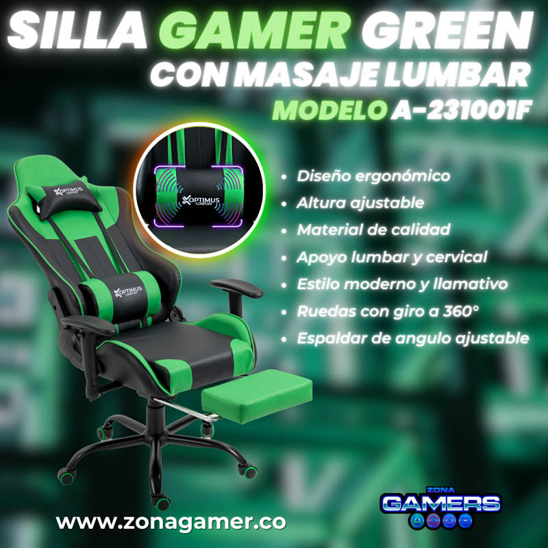 Silla Gamer A231001F Green  con masajeador lumbar y reposapies incluido