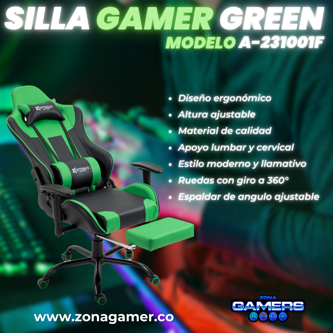 Silla Gamer A231001F Green con reposapies