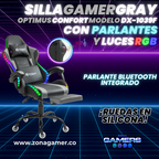 Silla gamer DX-1039F Gray con luces RGB + Parlantes + reposapiés y ruedas en silicona