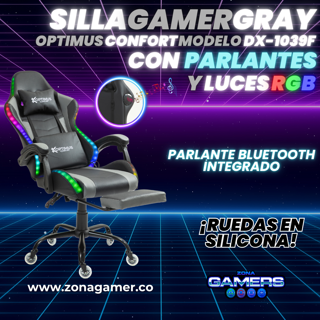 Silla gamer DX-1039F Gray con luces RGB + Parlantes + reposapiés y ruedas en silicona