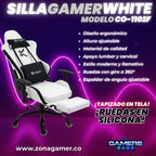 Silla Gamer CO-1102F White, tapizada en tela con reposapiés y ruedas en silicona