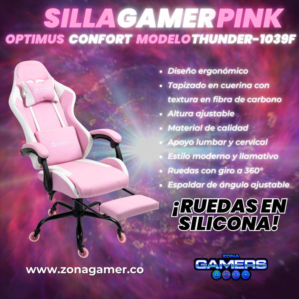 Silla Gamer Thunder-1039F Pink con reposapiés y ruedas en silicona