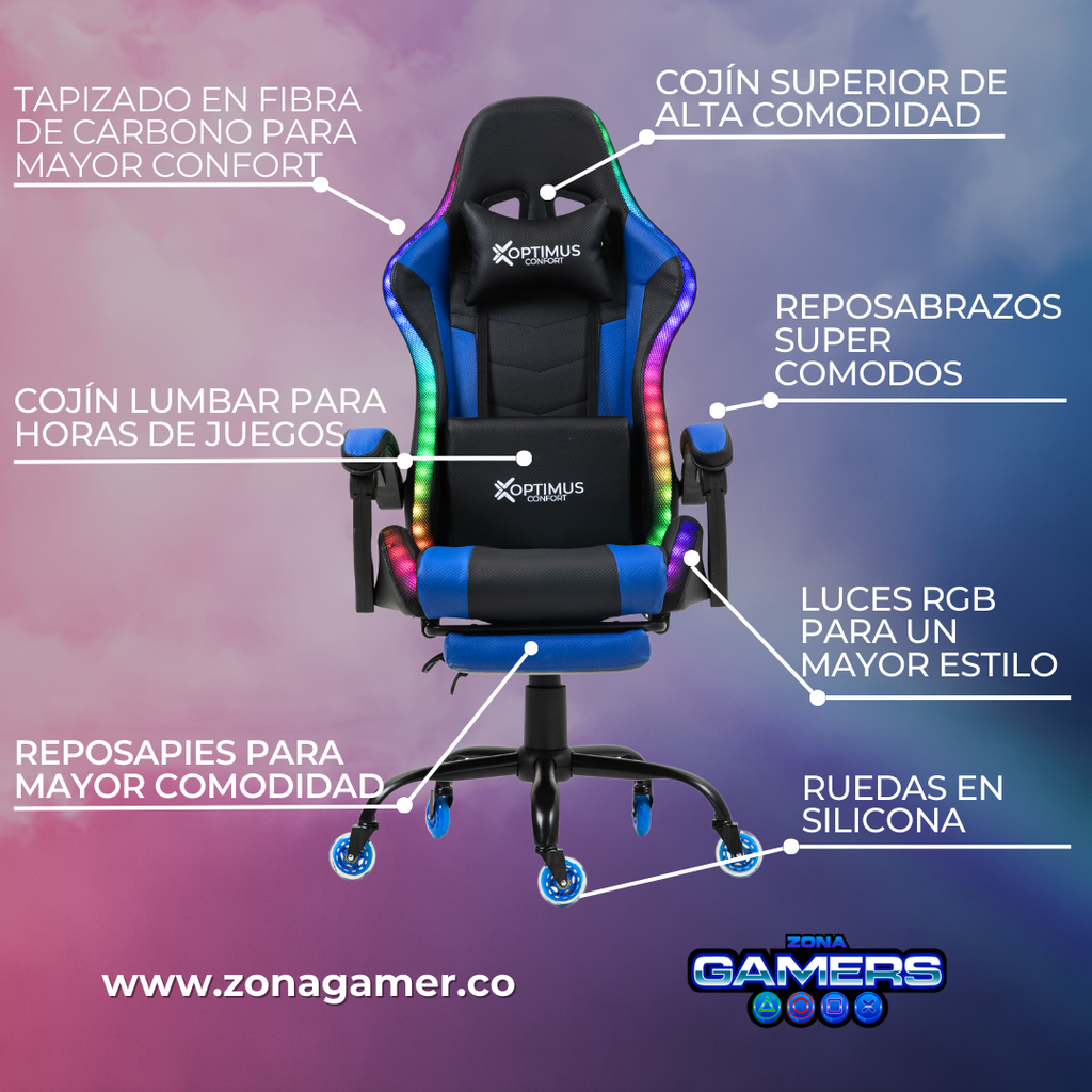 Silla gamer DX-1039F Blue con luces RGB + reposapiés y ruedas en silicona