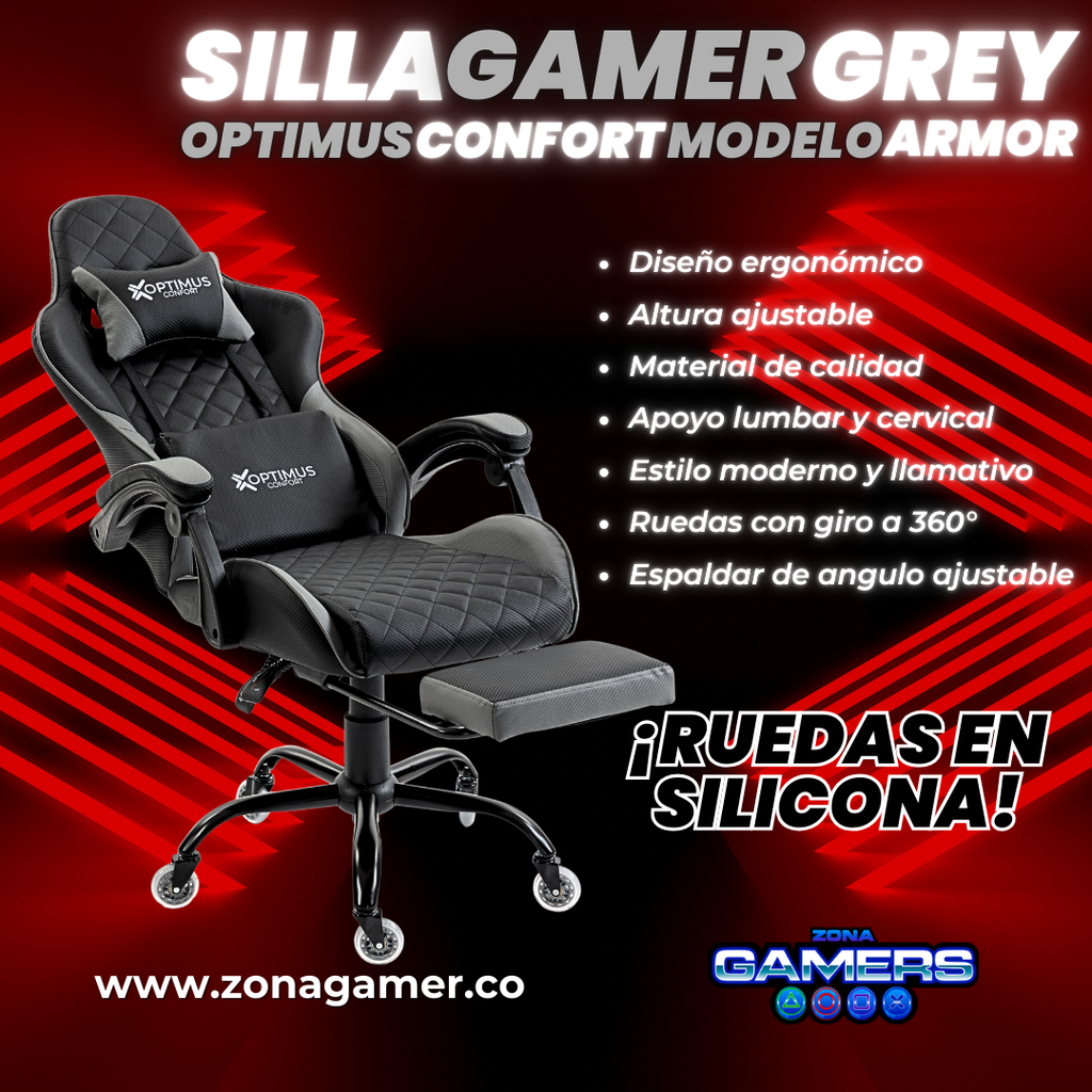 Silla Gamer ARMOR-1039F Grey con reposapiés y ruedas en silicona