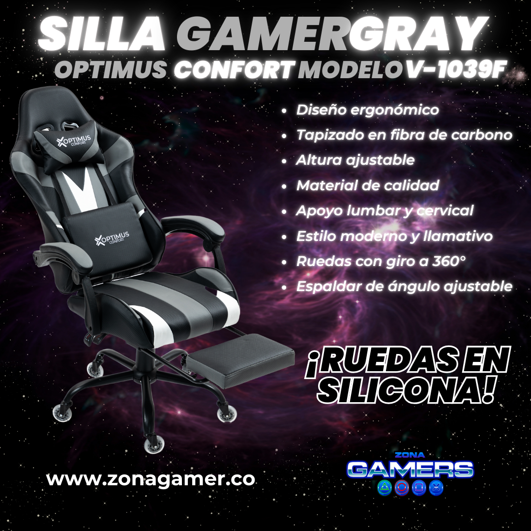 Silla Gamer V-1039F Gray con reposapiés y ruedas en silicona