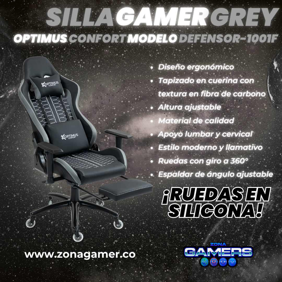 Silla Gamer Defensor-1001F Grey con reposapiés y ruedas en silicona