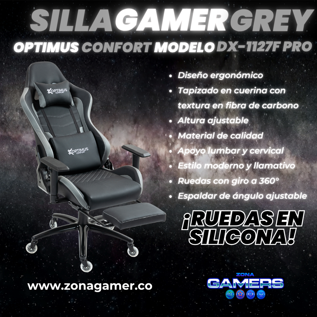Silla Gamer DX-1127F PRO Grey con reposapiés y ruedas en silicona