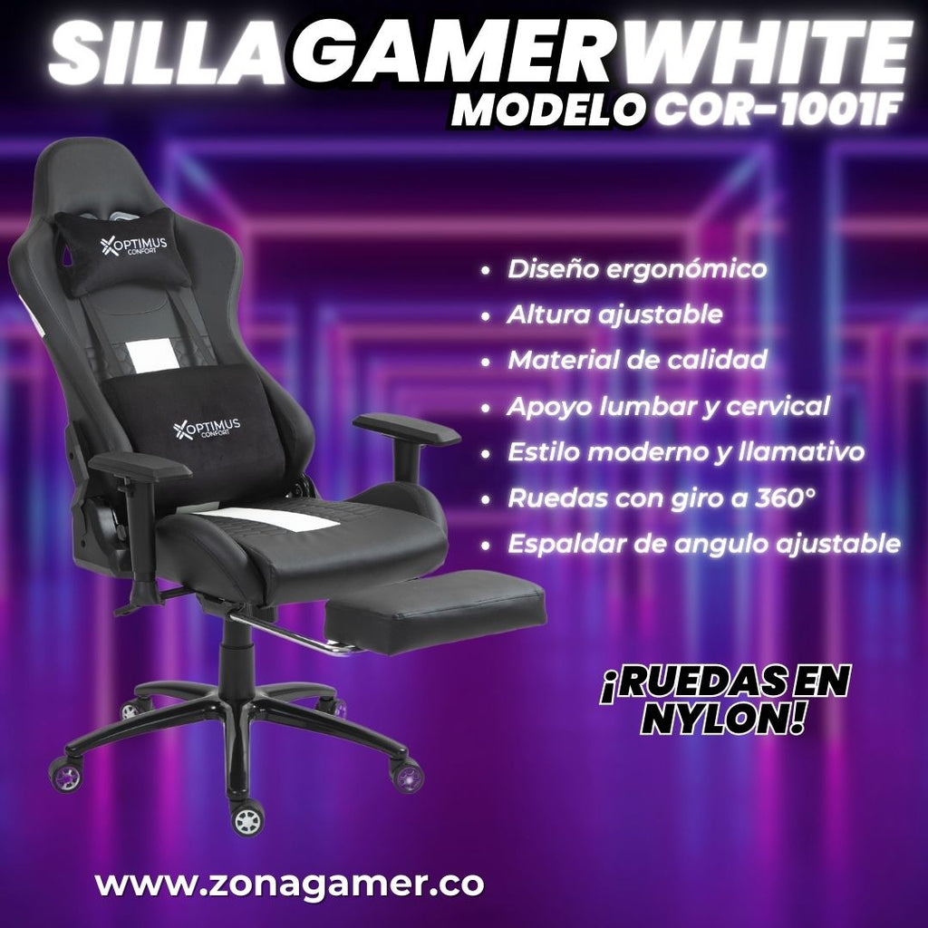 Silla Gamer COR-1001F White con reposapiés