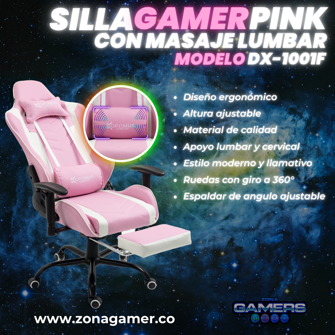 Silla Gamer DX-1001F Pink con masajeador lumbar y reposapiés incluido