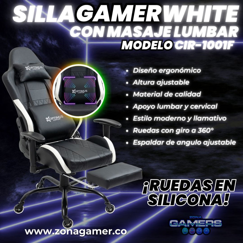 Silla Gamer CIR-1001F White con masajeador lumbar y reposapiés incluido