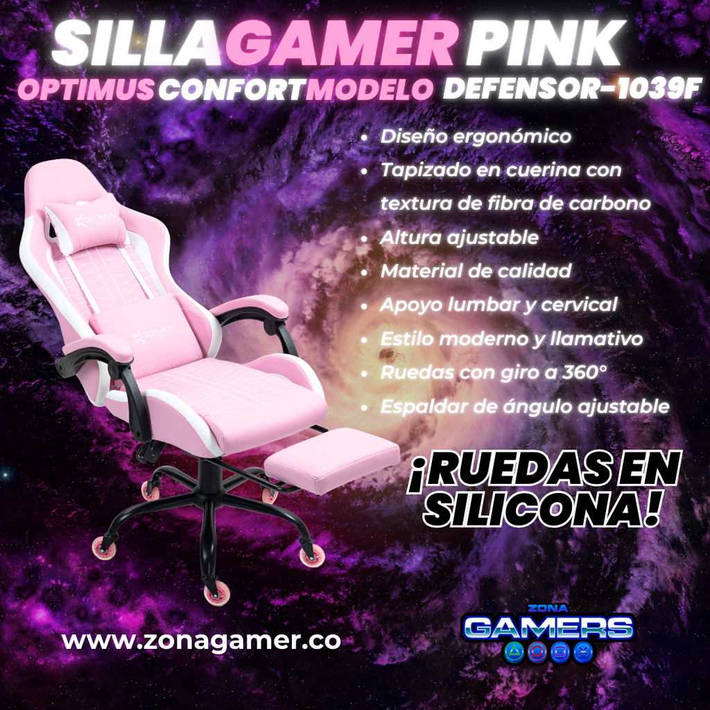 Silla Gamer Defensor-1039F Pink con reposapiés y ruedas en silicona
