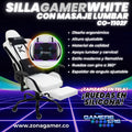 Silla Gamer White + masajeador lumbar, tapizada en tela con reposapiés y ruedas en silicona