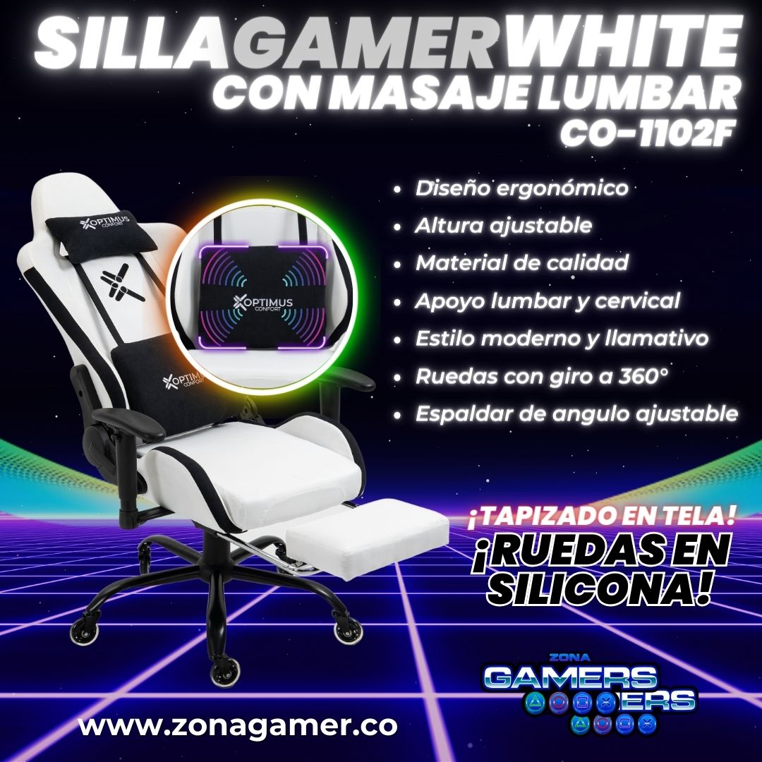 Silla Gamer White + masajeador lumbar, tapizada en tela con reposapiés y ruedas en silicona