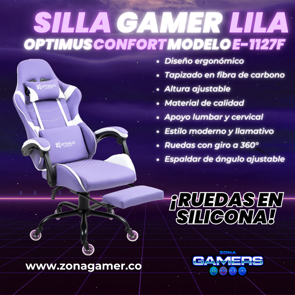 Silla Gamer E-1127F Lilac con reposapiés y ruedas en silicona