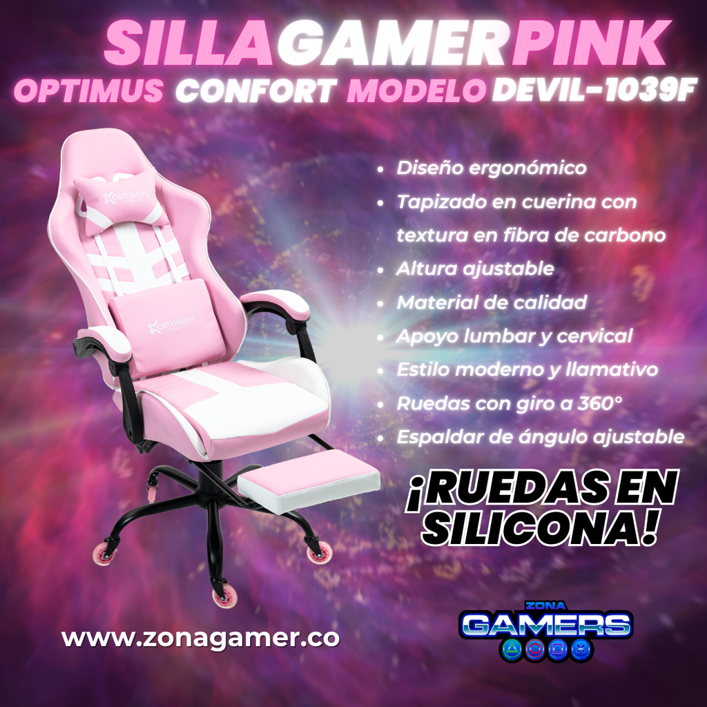 Silla Gamer Devil-1039F Pink con reposapiés y ruedas en silicona