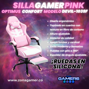 Silla Gamer Devil-1039F Pink con reposapiés y ruedas en silicona