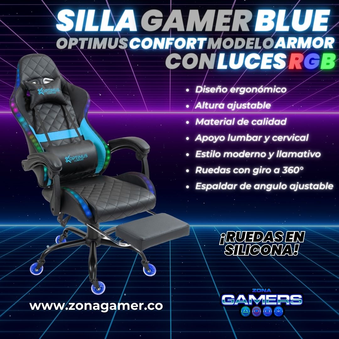 Silla gamer Armor Blue con luces RGB + reposapiés y ruedas en silicona