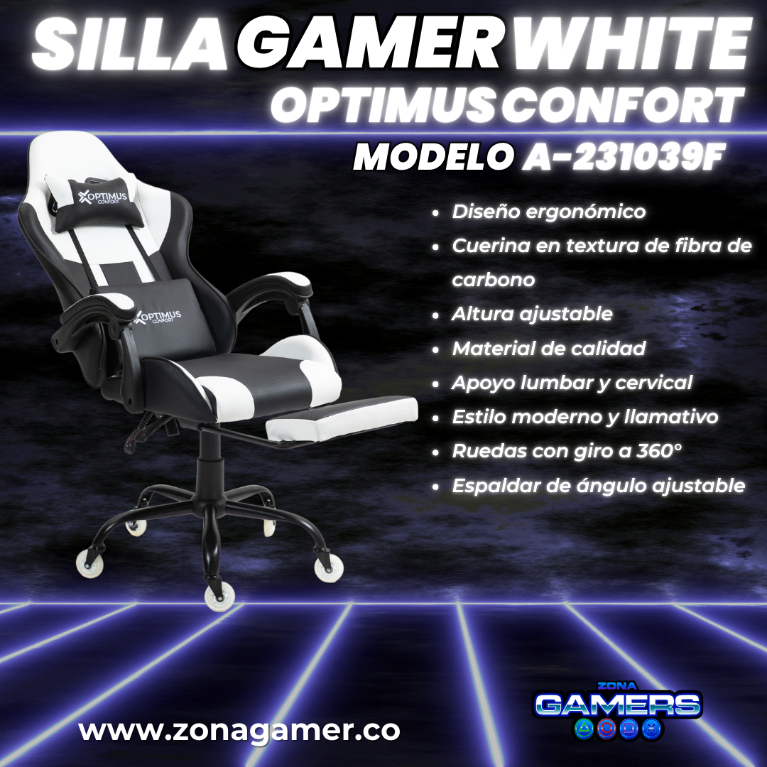 Silla Gamer A231039F White con reposapiés y ruedas en silicona