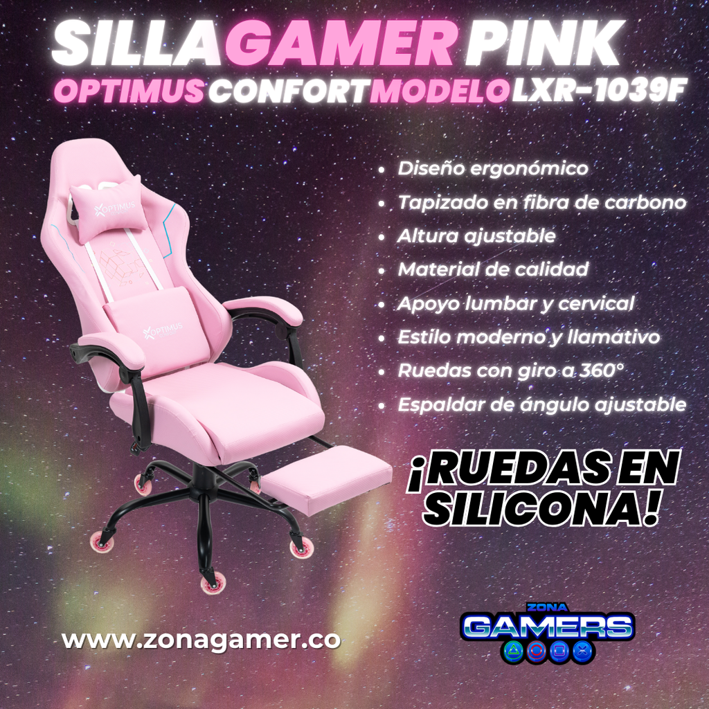 Silla Gamer LXR-1039F Pink con reposapiés y ruedas en silicona