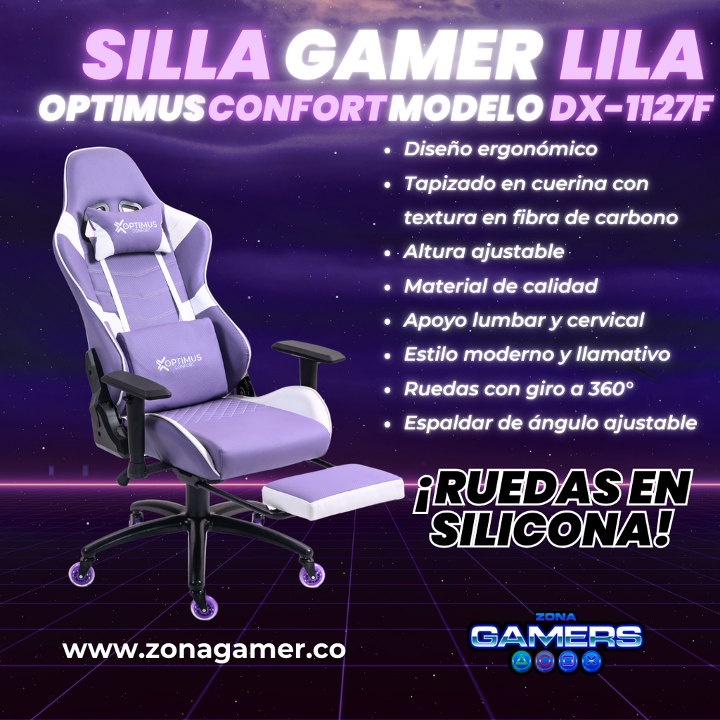 Silla Gamer DX-1127F Lilac con reposapiés y ruedas en silicona