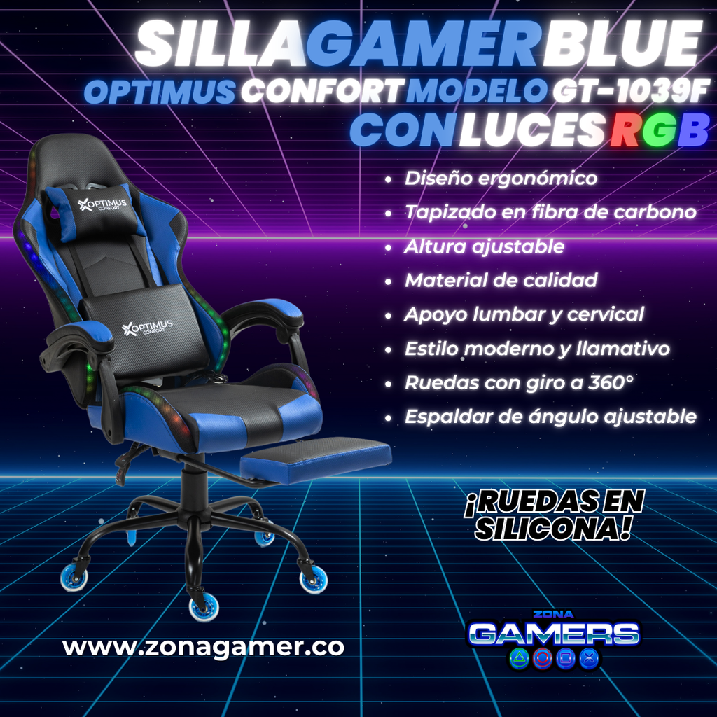 Silla gamer GT-1039F Blue con luces RGB + reposapiés y ruedas en silicona
