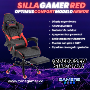Silla Gamer ARMOR-1039F Red con reposapiés y ruedas en silicona