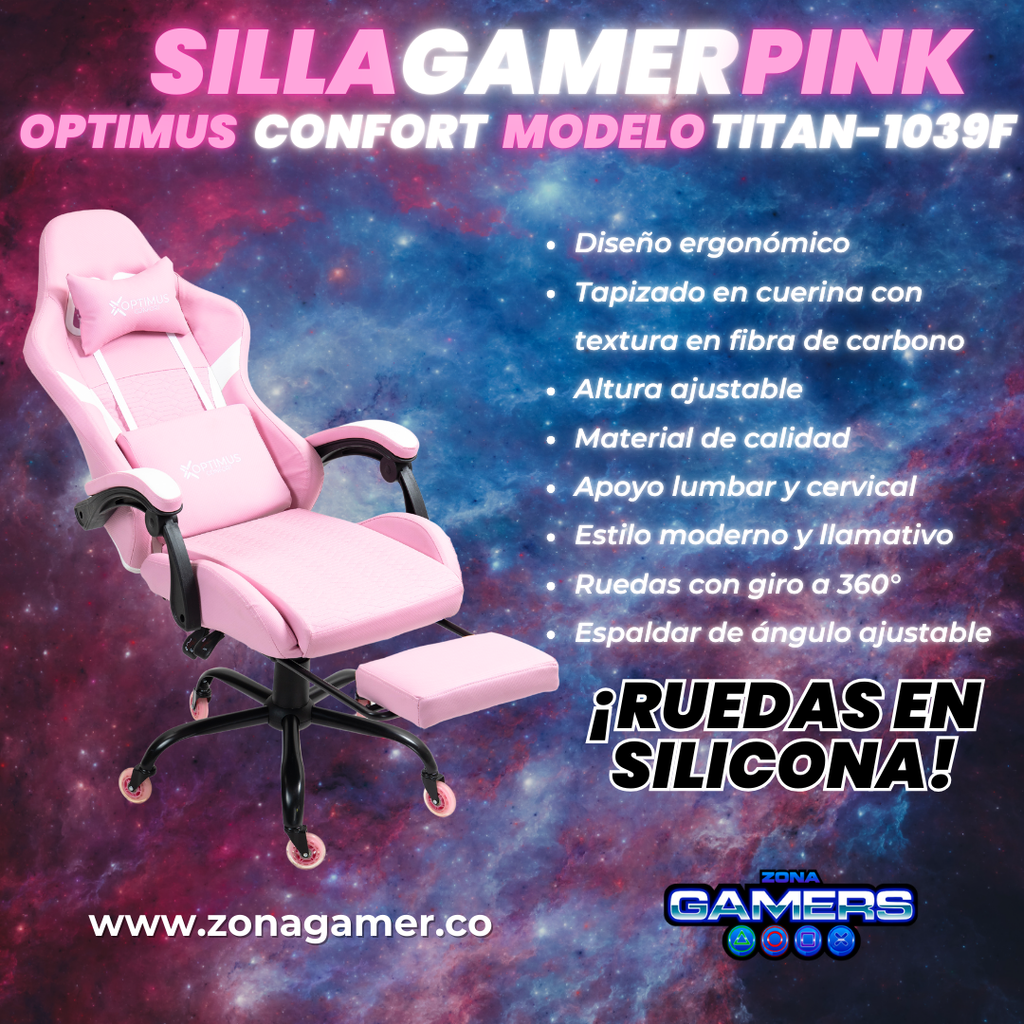 Silla Gamer Titan-1039F Pink con reposapiés y ruedas en silicona