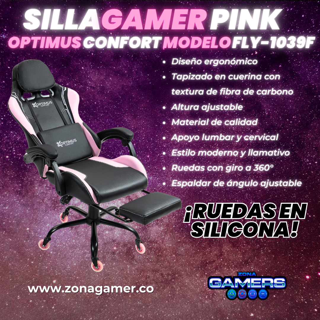 Silla Gamer Fly-1039F Pink con reposapiés y ruedas en silicona