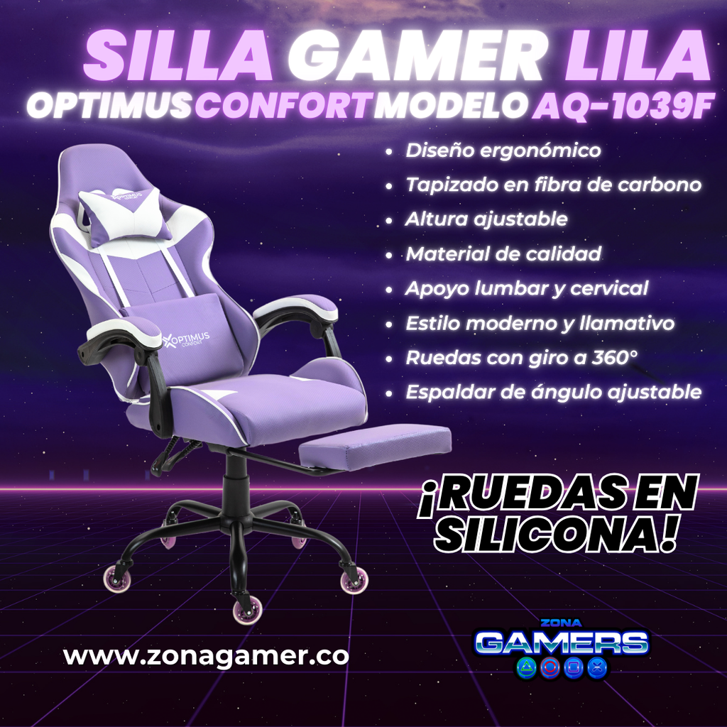 Silla Gamer AQ-1039F Lilac con reposapiés y ruedas en silicona
