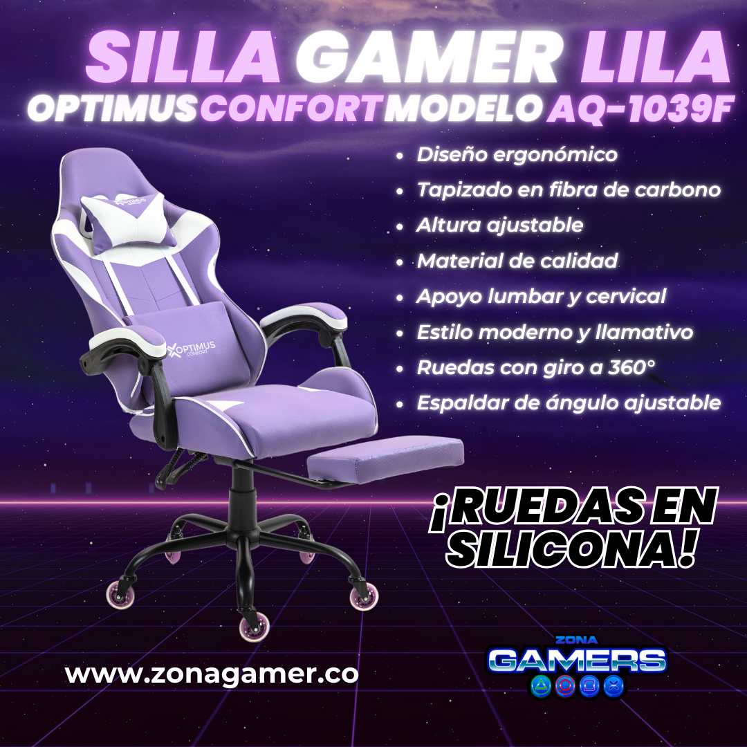 Silla Gamer AQ-1039F Lilac con reposapiés y ruedas en silicona