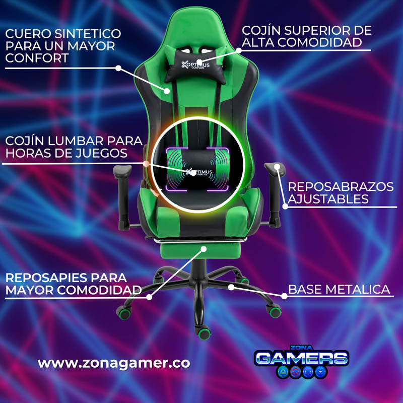 Silla Gamer A231001F Green  con masajeador lumbar y reposapies incluido