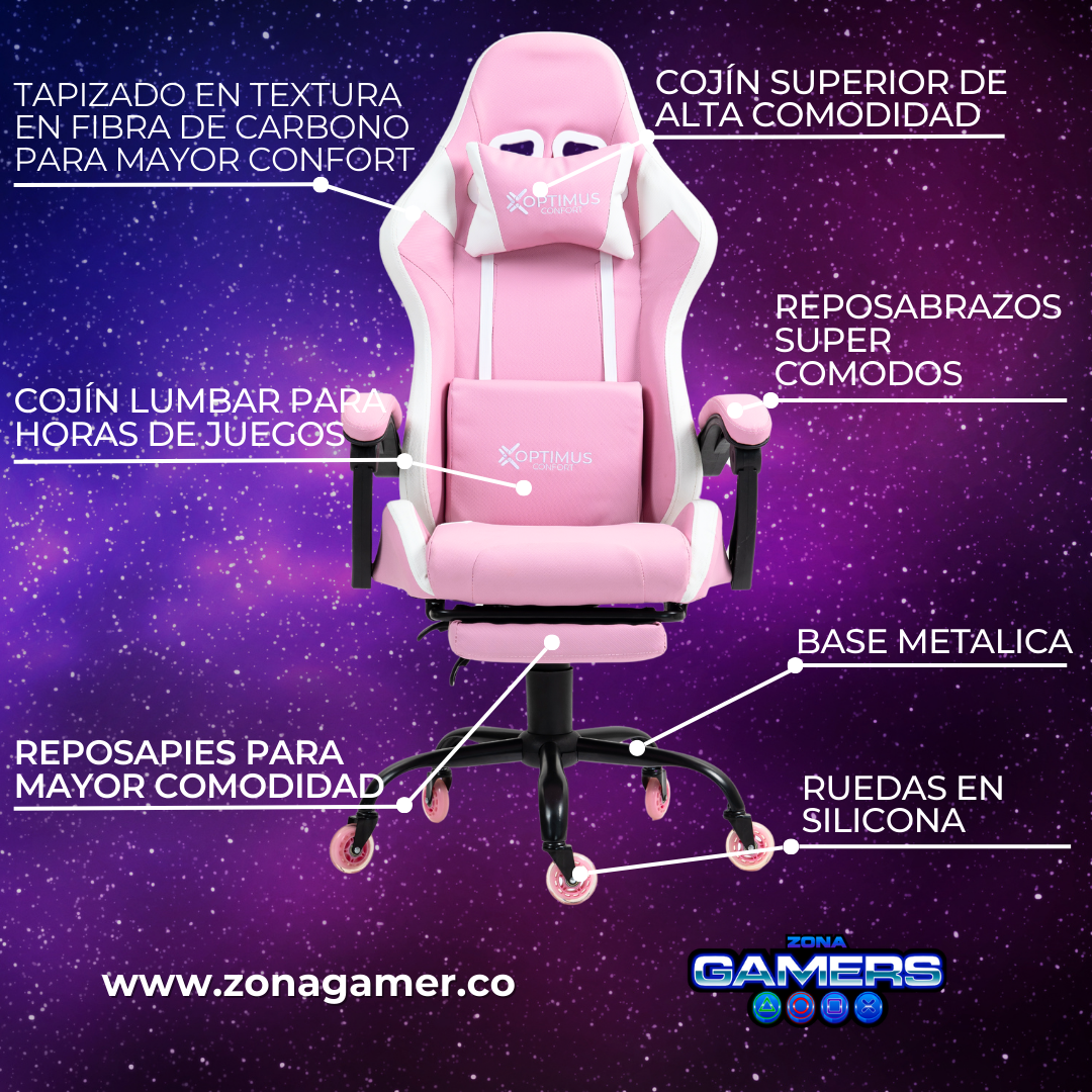 Silla Gamer Thunder-1039F Pink con reposapiés y ruedas en silicona