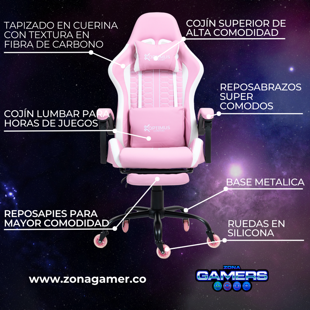 Silla Gamer Defensor-1039F Pink con reposapiés y ruedas en silicona