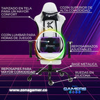 Silla Gamer White + masajeador lumbar, tapizada en tela con reposapiés y ruedas en silicona