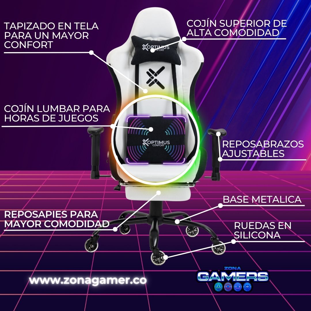 Silla Gamer White + masajeador lumbar, tapizada en tela con reposapiés y ruedas en silicona