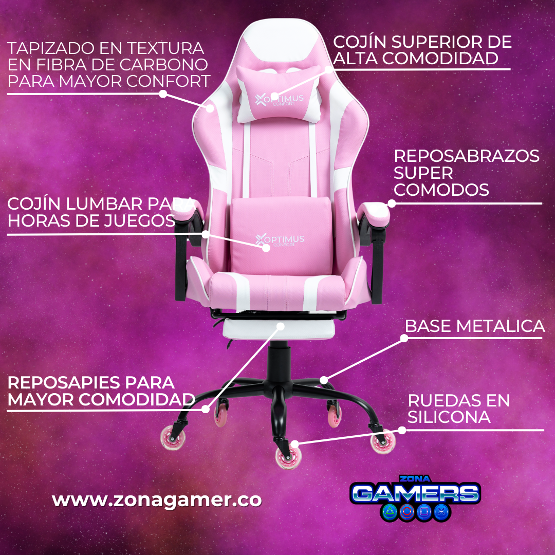 Silla Gamer Shine-1039F Pink  con reposapiés y ruedas en silicona