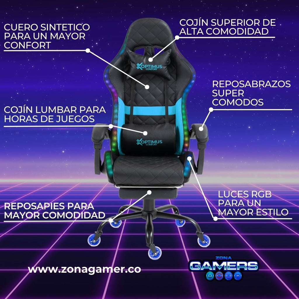 Silla gamer Armor Blue con luces RGB + reposapiés y ruedas en silicona